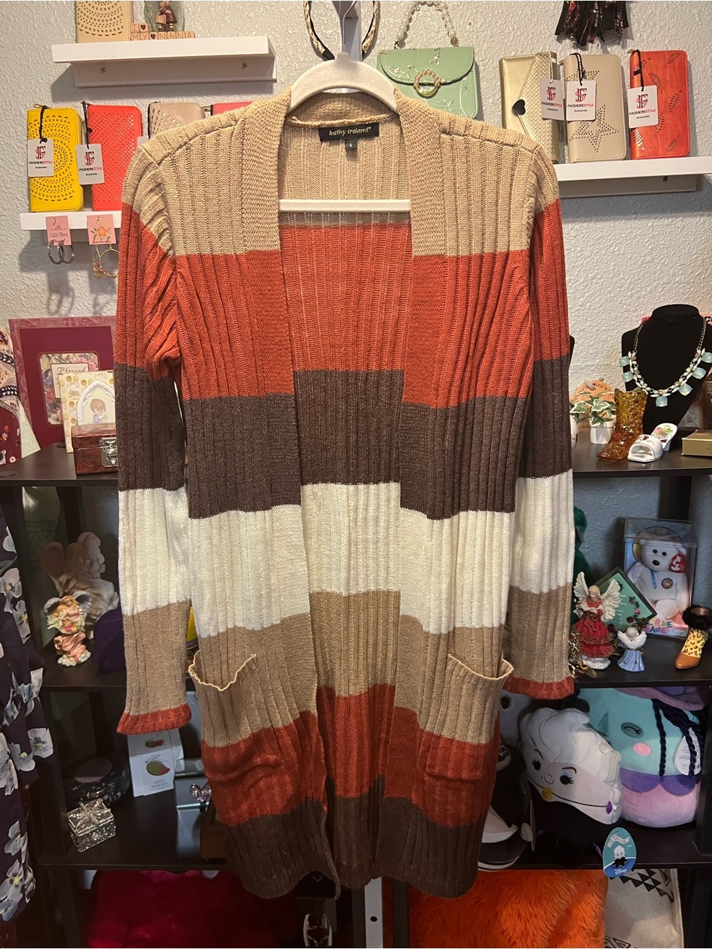 Kathy Ireland Ribbed Open-Front Striped Long Cardigan - Rust/Beige/Ivory/Brown